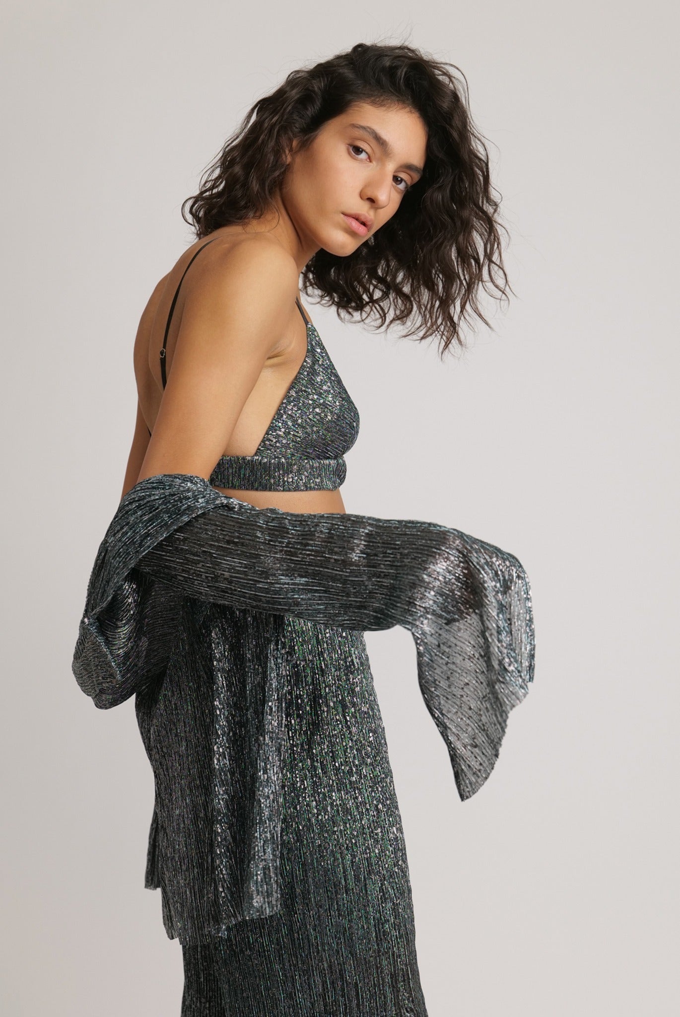 SABINA MUSAYEV - pleated_knit_w_multi_dot_foil_silver_teal_fw_23_24