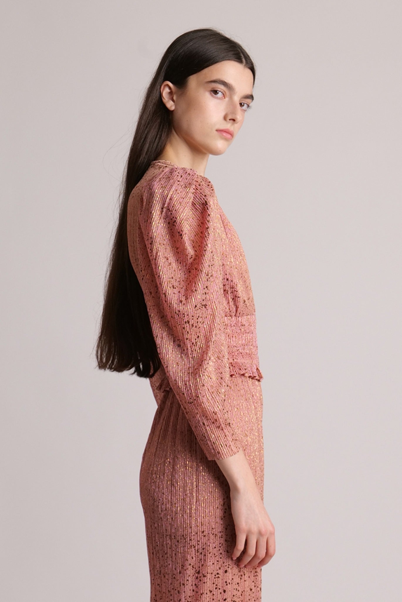 SABINA MUSAYEV - pleated_knit_w_multi_dot_foil_bronze_rose