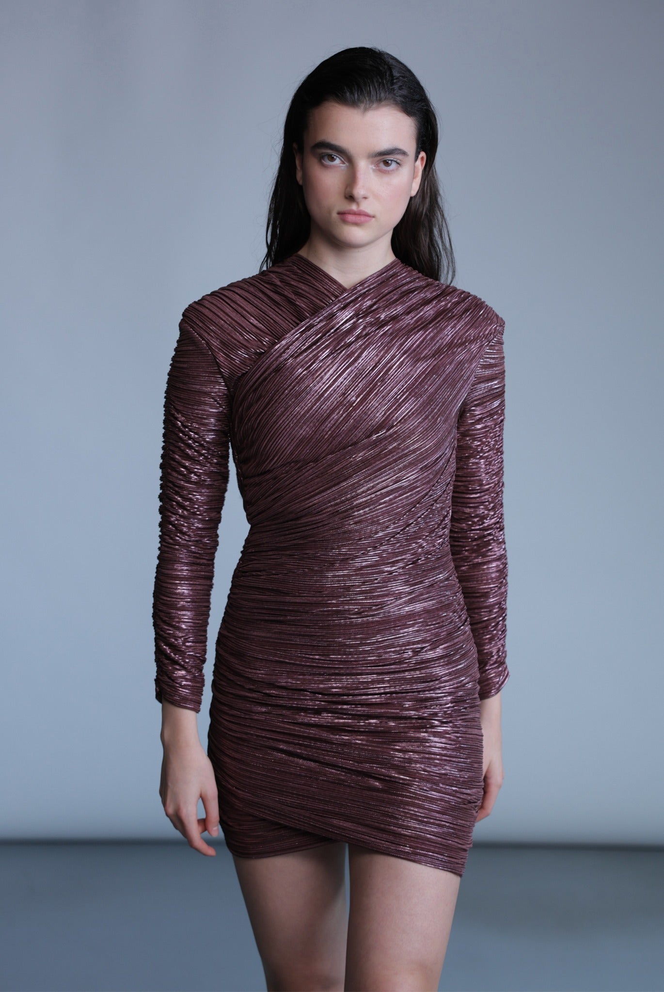 SABINA MUSAYEV - pleated_knit_w_foil_bitter_chocolate_pre_fall_24_25