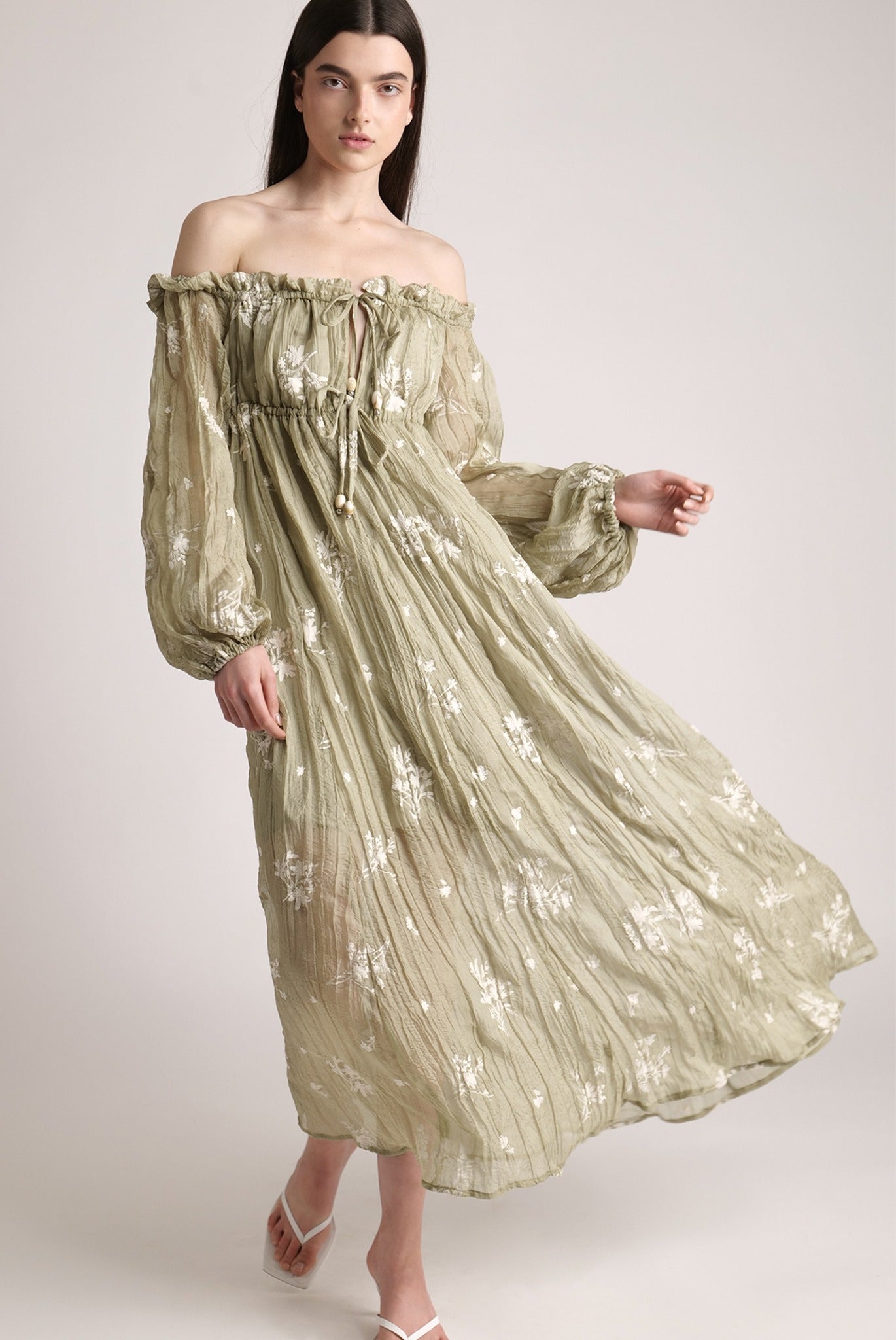 SABINA MUSAYEV - pleated_chiffon_w_embroidery_moss_green_24