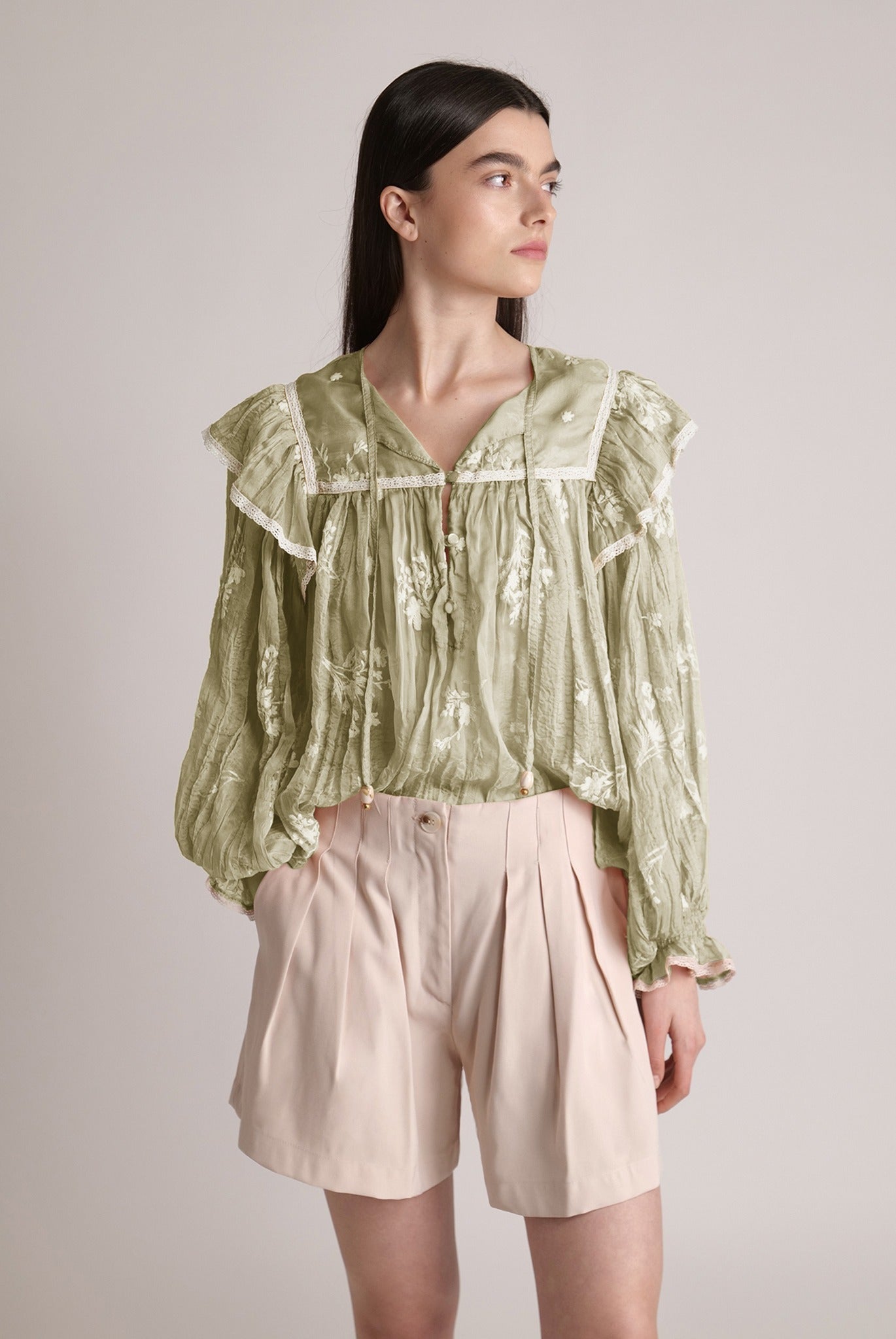 SABINA MUSAYEV - pleated_chiffon_w_embroidery_moss_green_24