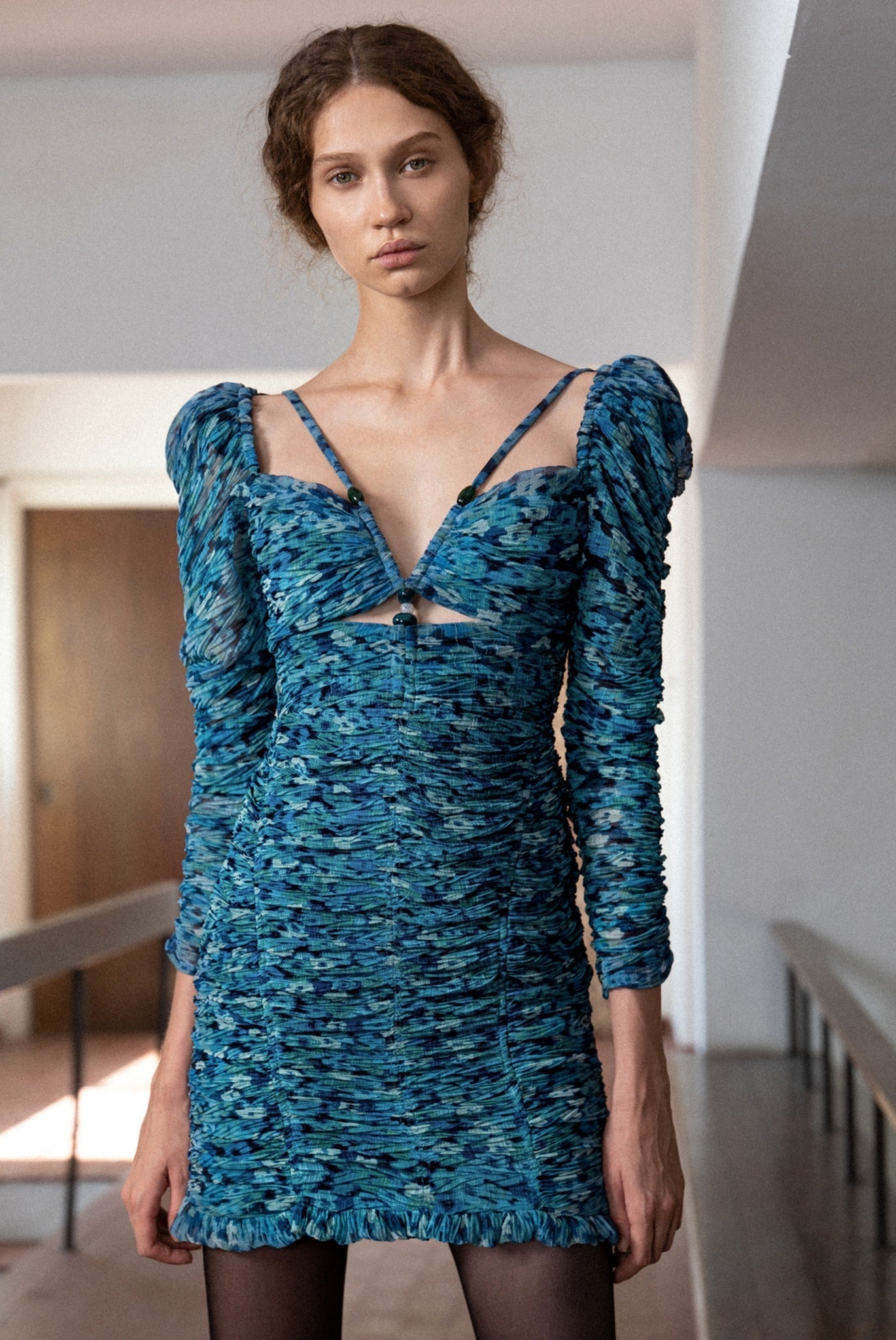 SABINA MUSAYEV - flora_pleated_chiffon_turquoise_print_fw_23_24