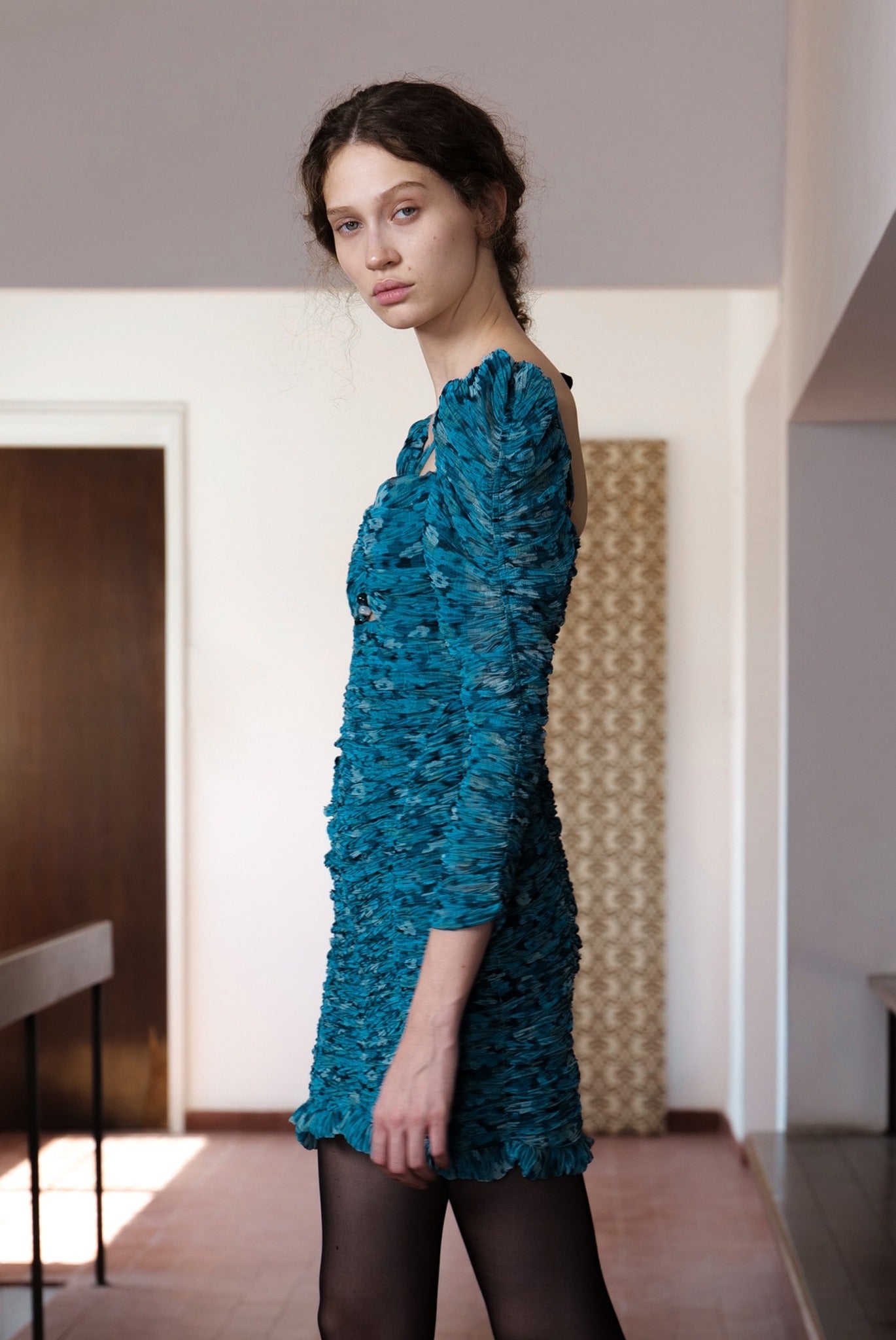 SABINA MUSAYEV - flora_pleated_chiffon_turquoise_print_fw_23_24