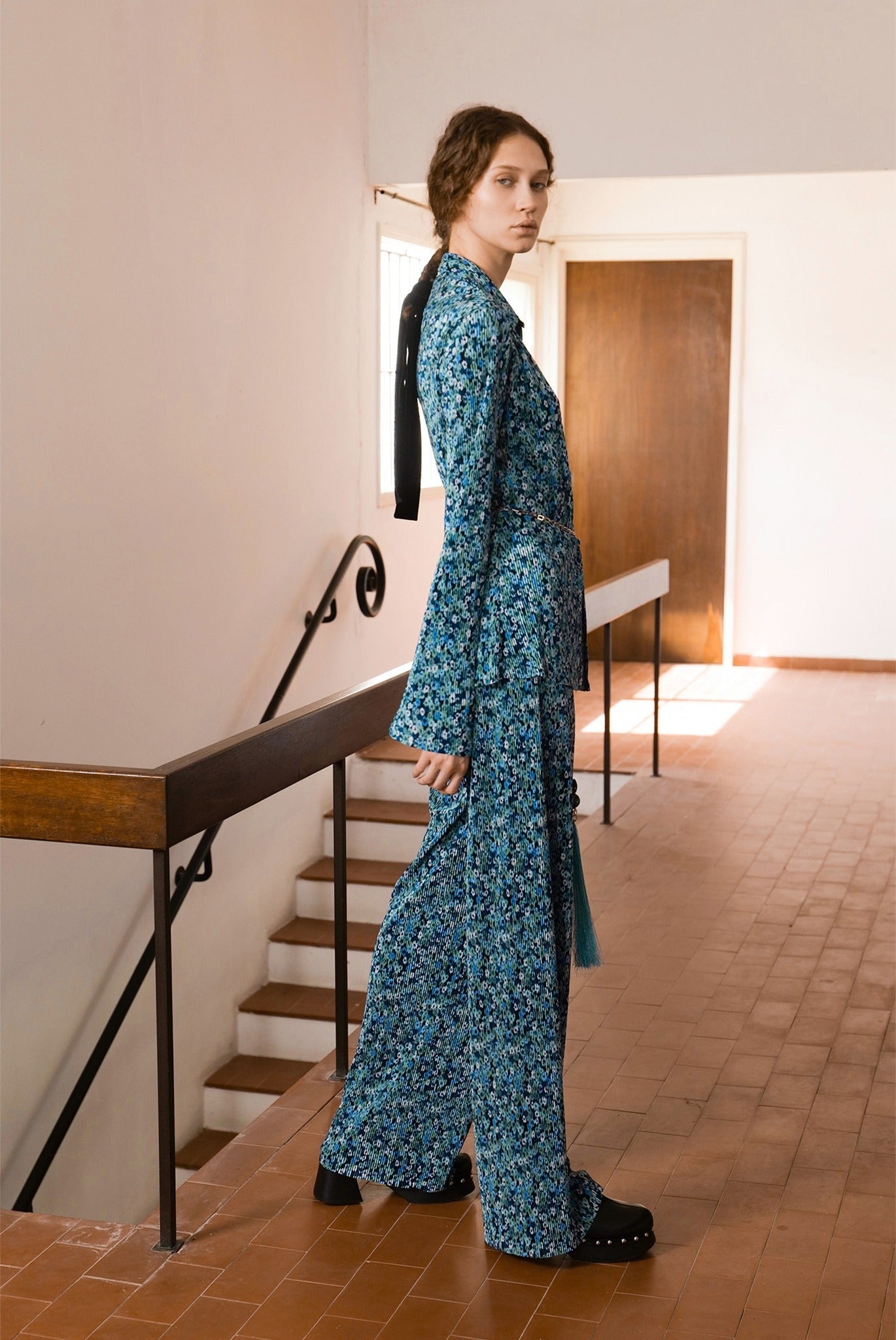 SABINA MUSAYEV - flora_pleated_knit_turquoise_print_fw_23_24