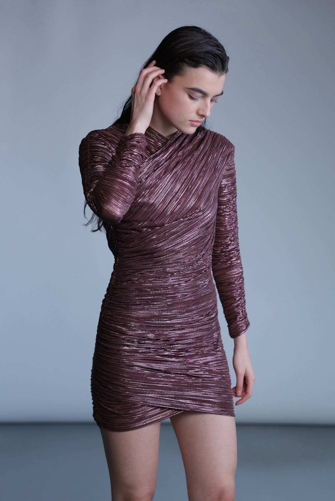 SABINA MUSAYEV - pleated_knit_w_foil_bitter_chocolate_pre_fall_24_25